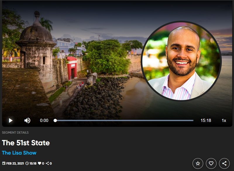 A screenshot of an audio player with an image of Puerto Rico and the guest speaker