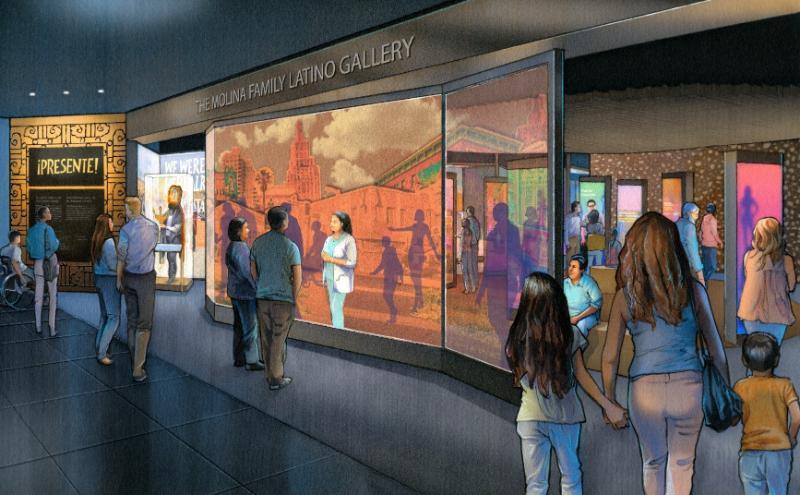 Artist's rendering showing a gallery where adults and children engage with museum exhibits on Latino culture